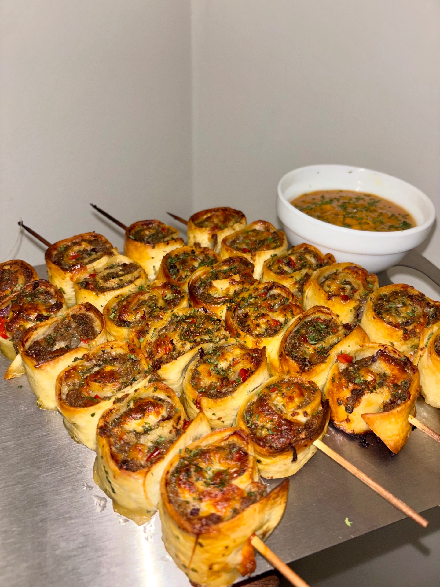 Loaded Burger Pinwheel Kebabs on the tray