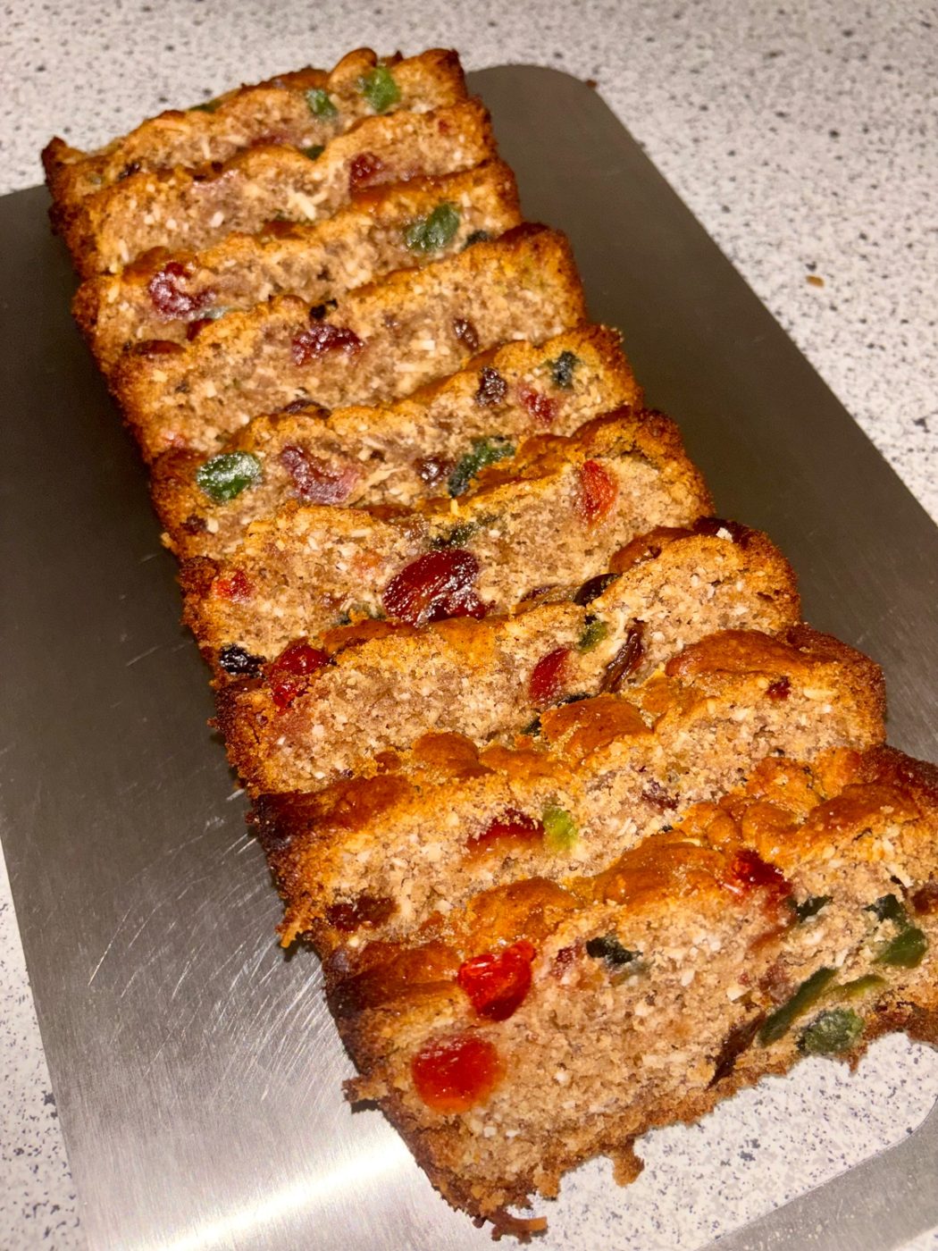 Freshly baked Bajan coconut sweetbread by Chef Shae with coconut, raisins and cherries.