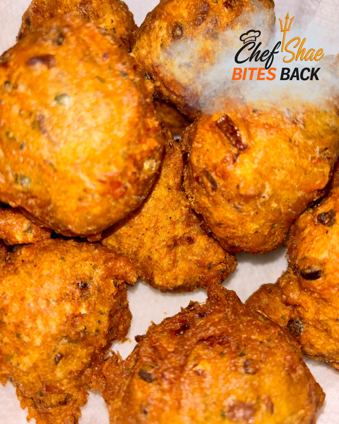 Golden-fried Bajan fish cakes made by Chef Shae, 12 per order.