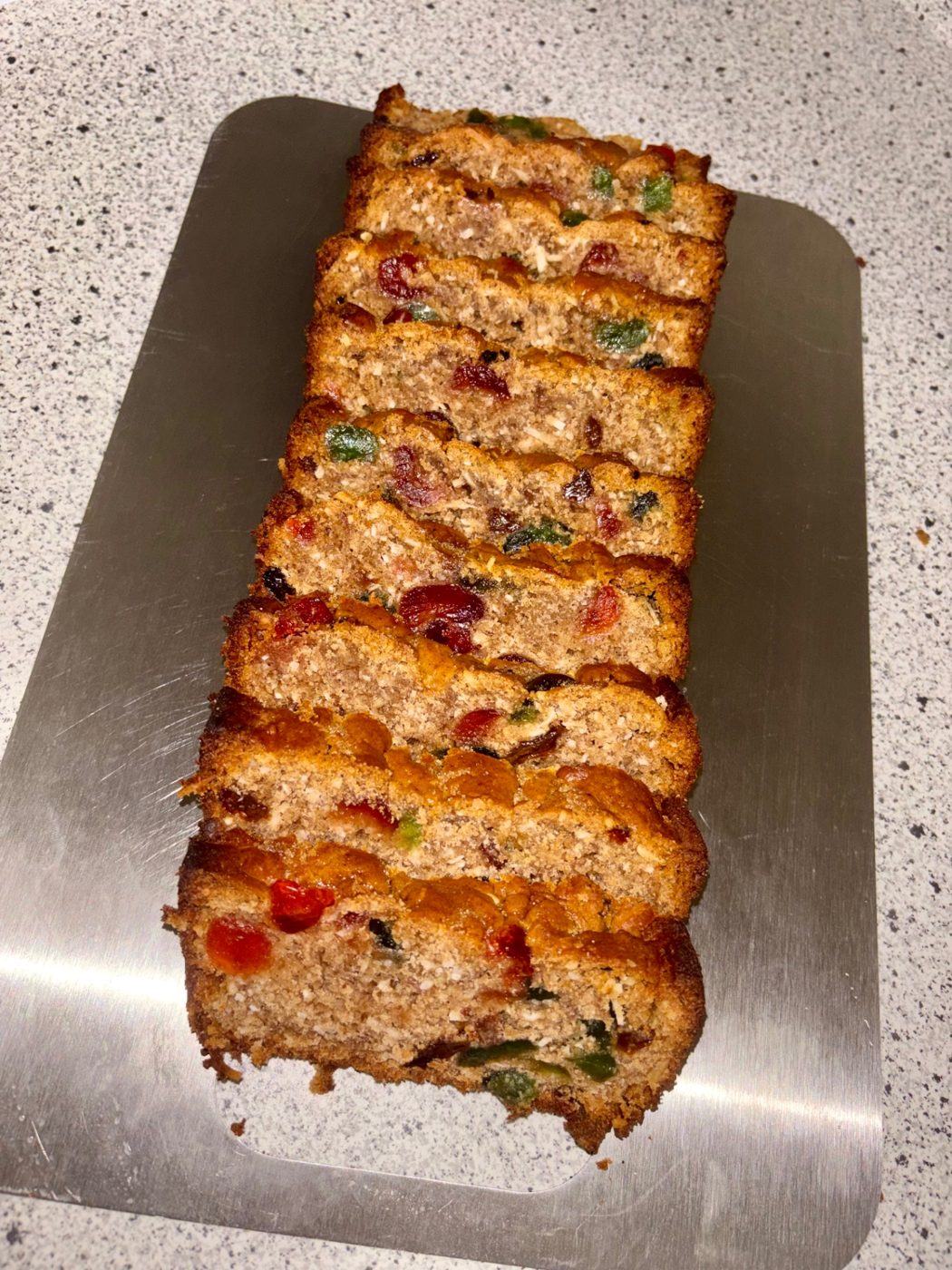 Freshly baked Bajan coconut sweetbread by Chef Shae with coconut, raisins and cherries.