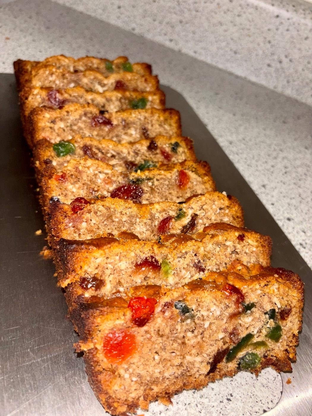 Freshly baked Bajan coconut sweetbread by Chef Shae with coconut, raisins and cherries.
