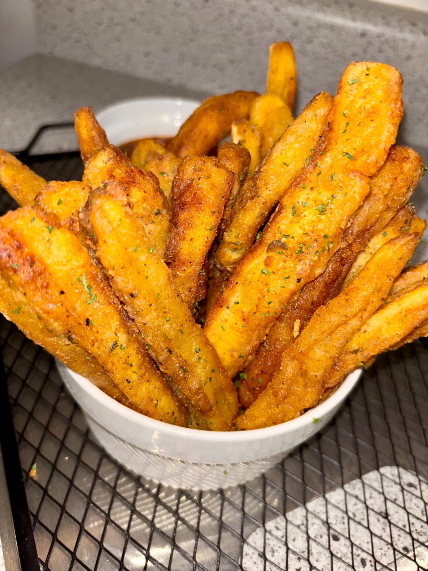 Close-up of crisp golden plantain fries