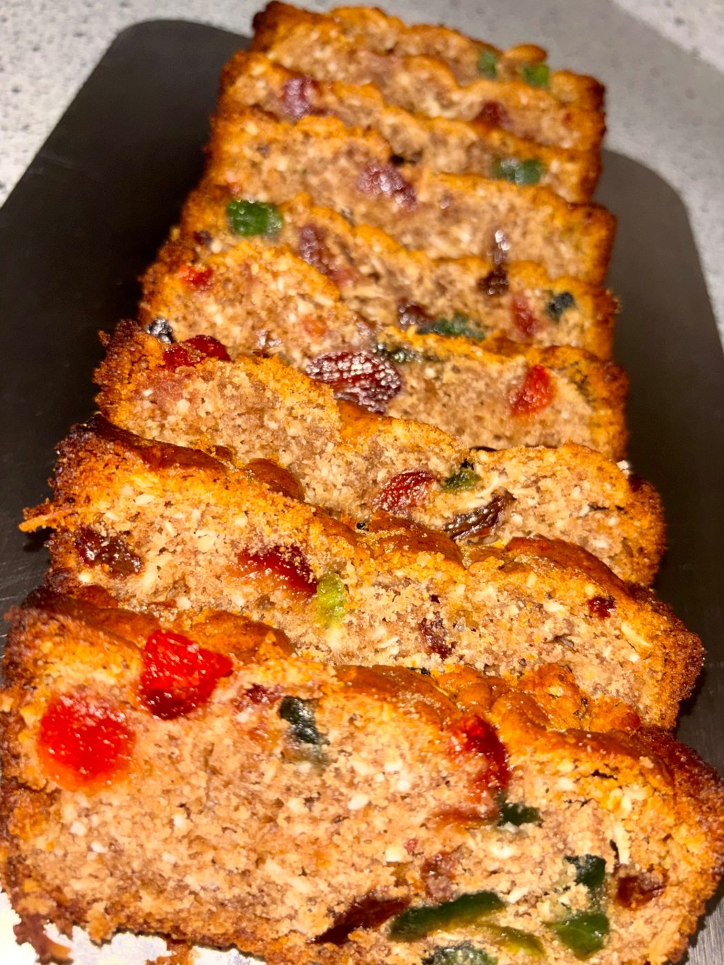Freshly baked Bajan coconut sweetbread by Chef Shae with coconut, raisins and cherries.